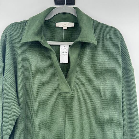 NWT Loft Women's Medium Casual Waffle V Neck Long Sleeve Rayon Green Sweater - Picture 3 of 10
